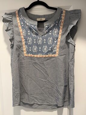 entro Blue Striped Embroidered Flutter Sleeve Blouse with Peach Trim